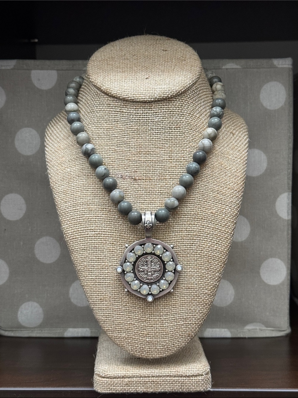 Gray Beaded Necklace with Decorative Silver Pendant